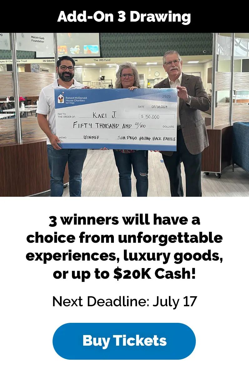 Add-On 3 Drawing: 3 winners will have a choice from unforgettable experiences, luxury goods, or up to $20K Cash! Next Deadline: July 17